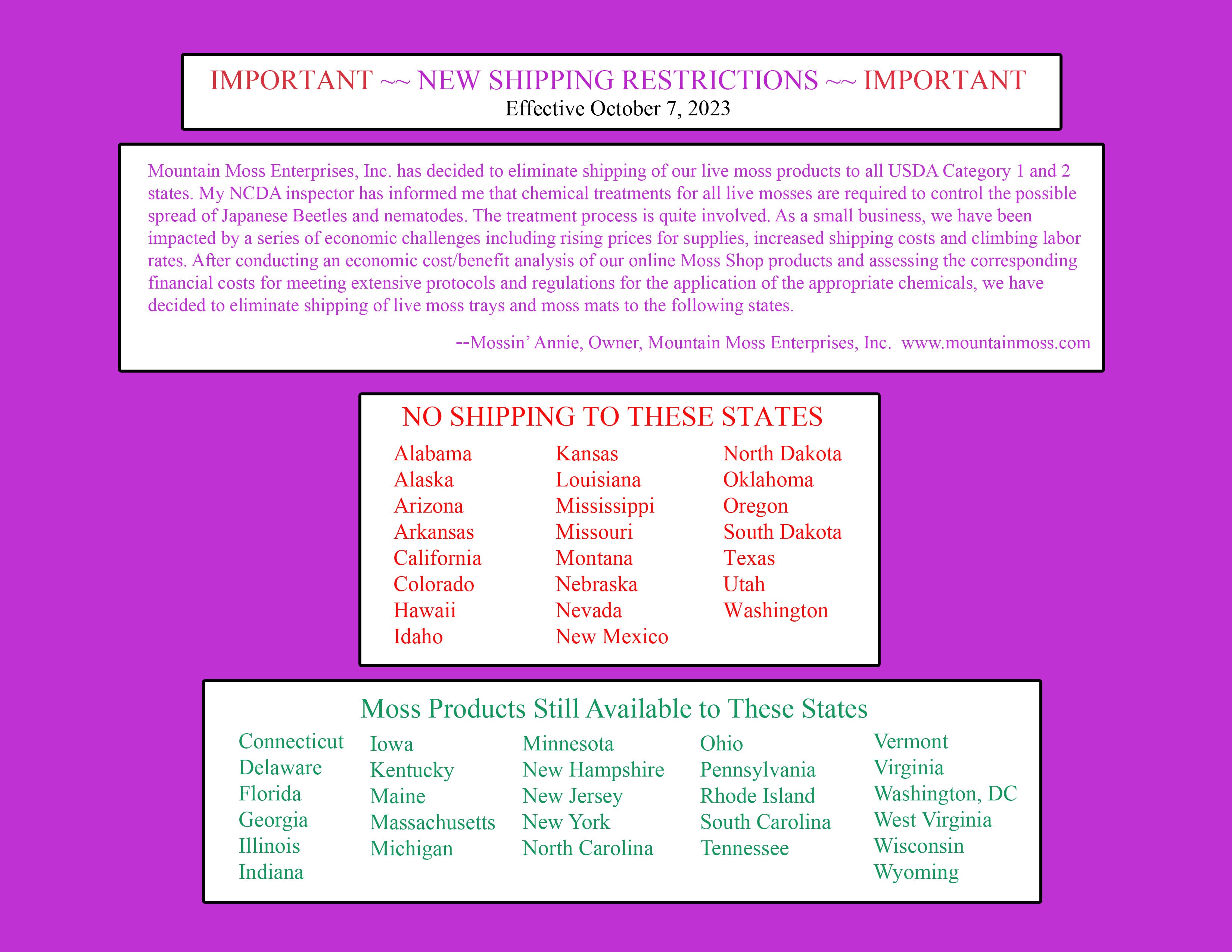 NEW SHIPPING RESTRICTIONS Please Read Before Placing Your Order